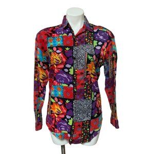 Vintage 80s Funky Patchwork Print Colorful Button Down Shirt Sequin Small